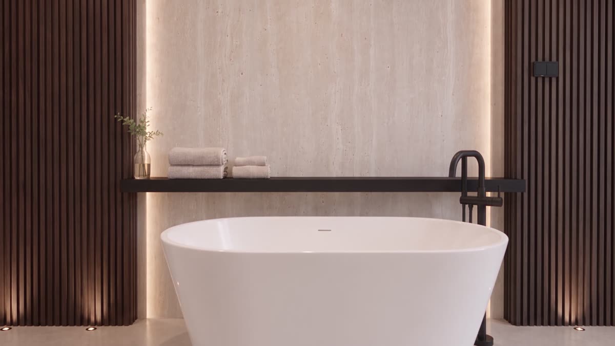 Primary bath with floating tub and mood lighting