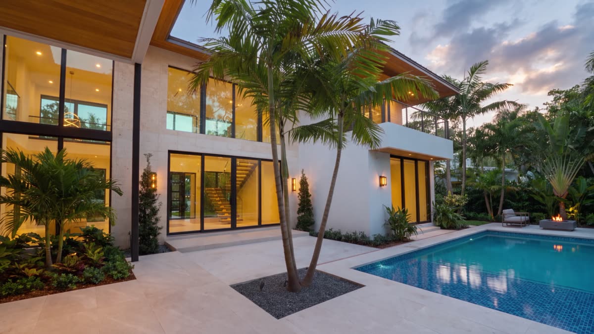 Dusk, pool and glowing interiors